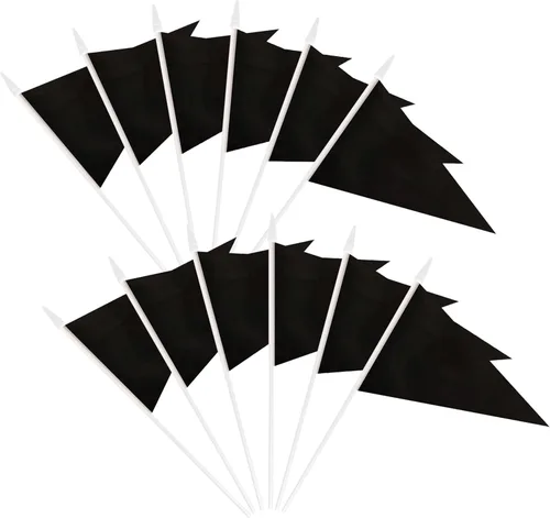Paquete de 12 banderines negros pequeños, mini banderines de mano de color sólido en palos con poste sólido de 12.6 pulgadas y parte superior de
