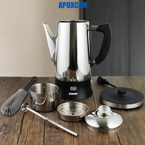 Miniatura 6 de APOXCON Cafetera eléctrica de acero inoxidable con perilla de progreso de preparación transparente, botón de vidrio resistente y interruptor