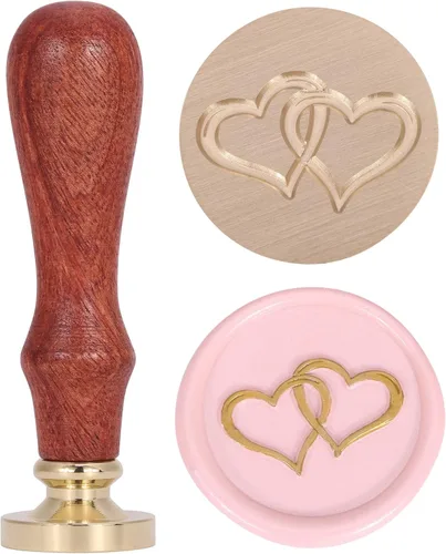 Yoption Sello de cera de dos corazones entrelazados, cabeza de latón vintage, sello de cera de sellado de empuñadura de madera para boda, Navidad,