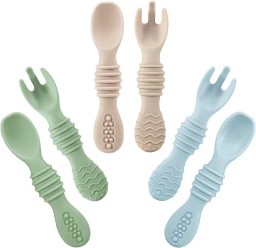 PandaEar Paquete de 6 Cucharas y Tenedores de Silicona para Bebés | Juego de Alimentación para Bebés Utensilios de Autoalimentación, Cucharas y
