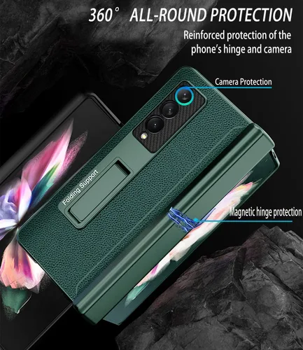 Miniatura 2 de Funda para Samsung Galaxy Z Fold 3 con soporte para bolígrafo, cubierta con bisagras integrada con ranura para bolígrafo, con protector de pantalla