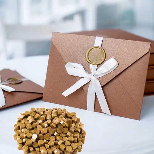 Miniatura 4 de FEPITO 300 cuentas de cera de sellado octágono con 3 velas de té y cuchara de fusión de cera para sellado de sellos (dorado)