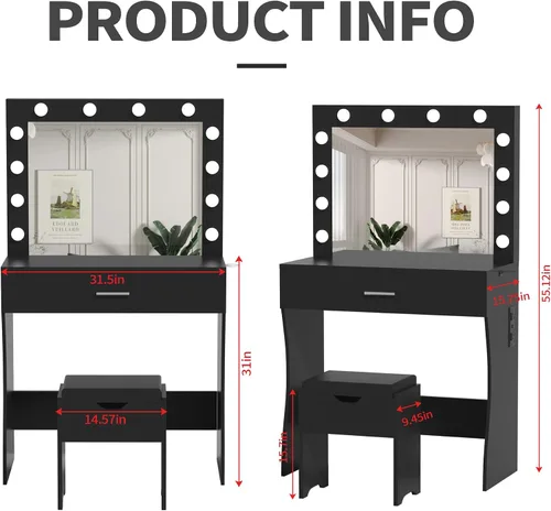 Miniatura 3 de Juego de mesa de tocador con espejo iluminado, tocador de maquillaje con estación de carga, cajón grande de madera resistente con luces, 3 modos