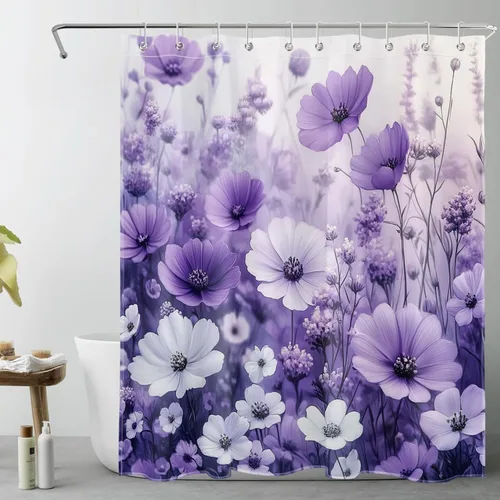 Miniatura 37 de LB Cortina de ducha de hortensias azules para baño, cortina de ducha rústica de girasol amarillo botánico y lavanda púrpura con ganchos, cortina