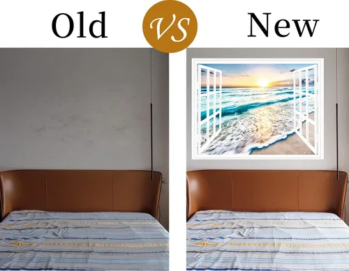 Miniatura 6 de FLFK Adhesivo de pared con ventana falsa - Mural de pared con ventana falsa de atardecer en la playa para decoración de pared, adhesivos de pared