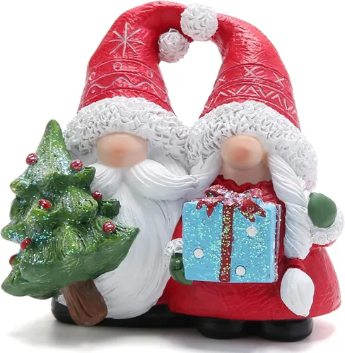 Miniatura 10 de Hodao Figuras de resina de gnomos de Navidad con sombreros rojos y diseño de copo de nieve, bonita estatua coleccionable para decoración de mesa