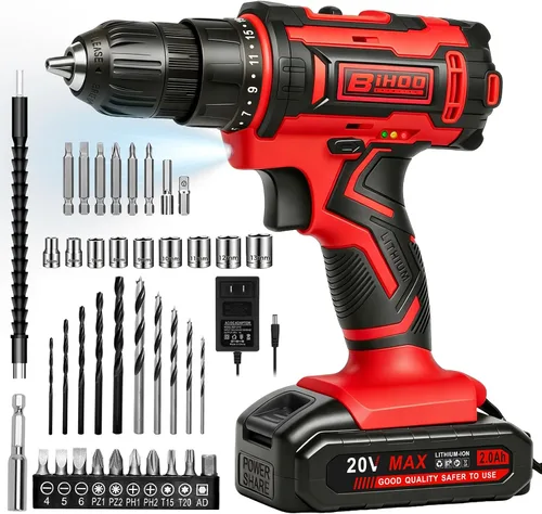 Miniatura 12 de Purple 20V Cordless Drill Electric Drill set, Electric Screwdriver with 2 Batteries & Charger, 3/8" Keyless Chuck, 25+1 Torque 2-Speed Hammer Drill