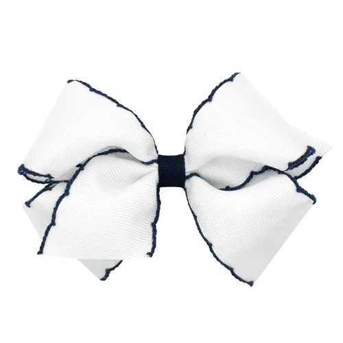 Miniatura 25 de Wee Ones - Lazo clásico de grogrén con borde de puntadas lunares para niñas, con clip para cabello WeeStay, borde en contraste, King, blanco