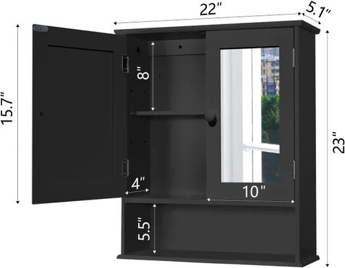 Miniatura 2 de TaoHFE Gabinete de medicina negro, 2 puertas con 3 estantes abiertos, gabinete de almacenamiento de madera montado en la pared sobre el inodoro