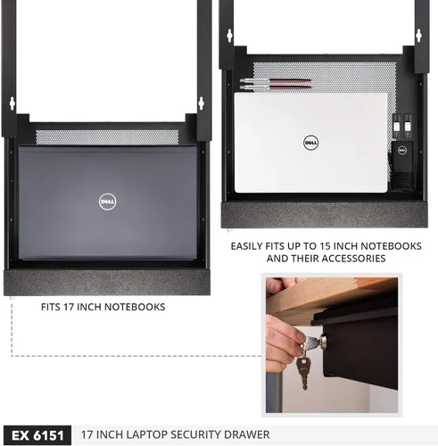 Miniatura 4 de Penn Elcom Cajón para laptop debajo del escritorio, con cerradura, para portátiles de 17" - Cajones de seguridad deslizantes premium - Modelo Negro