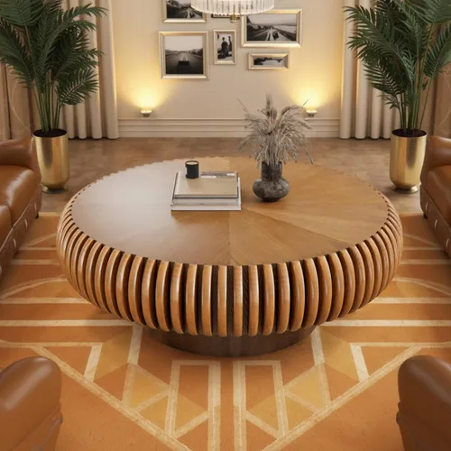 Miniatura 9 de Mesa de centro redonda de tambor estriado para sala de estar, mesas de centro modernas de mediados de siglo con pedestal resistente, mesa de té negro
