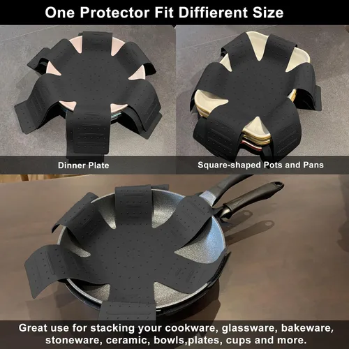 Miniatura 2 de Protectores de ollas y sartenes, almohadilla protectora de silicona de 3 piezas, protector de sartén apilable. Tiene un diseño único de apertura
