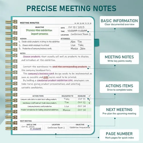 Miniatura 3 de WEMATE Cuaderno de Reuniones para Trabajo B5 (7"x10") - Cuaderno de Trabajo de Cuero PU con Agenda, Elementos de Acción y Notas - 200 Páginas