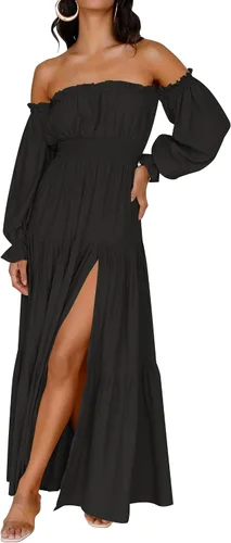 Miniatura 96 de ZESICA - Vestido largo, bohemio y sexy, con hombros descubiertos y manga larga fruncida, con elástico fruncido, cintura alta y abertura lateral