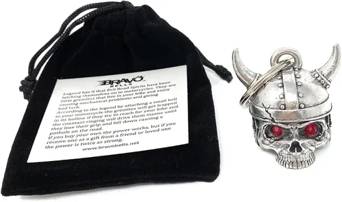 Miniatura 4 de Bravo Bells Viking Helmet Skull Motorcycle Bell - Biker Good Luck Charm Solid pewter biker bell. Includes split ring, velvet gift pouch and legend
