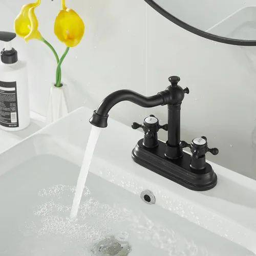 Miniatura 9 de Grifo de baño negro mate con 2 asas de 4 pulgadas, juego central de tocador de baño negro con montaje de drenaje y manguera de suministro grifo