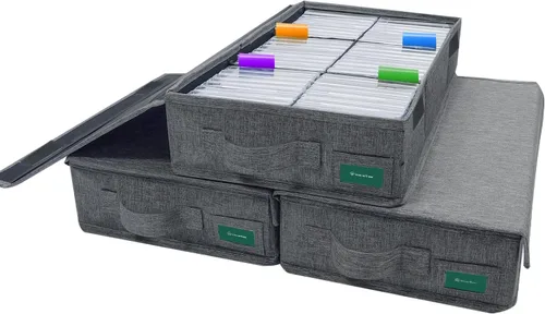 Miniatura 11 de Caja de almacenamiento de cinta de casete, práctico soporte de cinta de casete de 16.34 x 9.25 x 3.54 pulgadas, estante de casetes con tapas