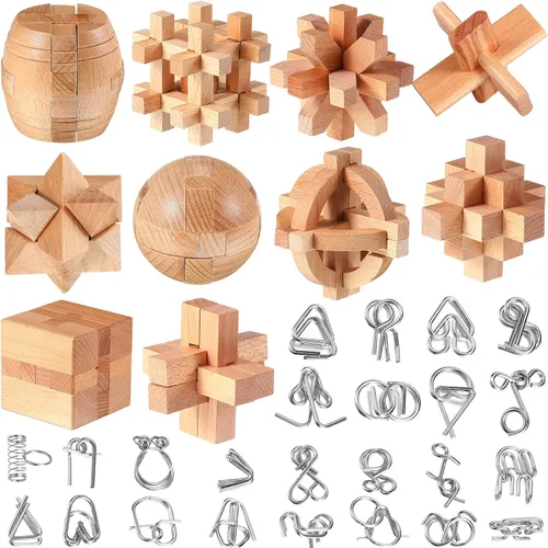 34 piezas de rompecabezas de metal para niños y adultos, juegos mentales de madera 3D, cubo de madera, juegos de cerebro, bloque de alambre de