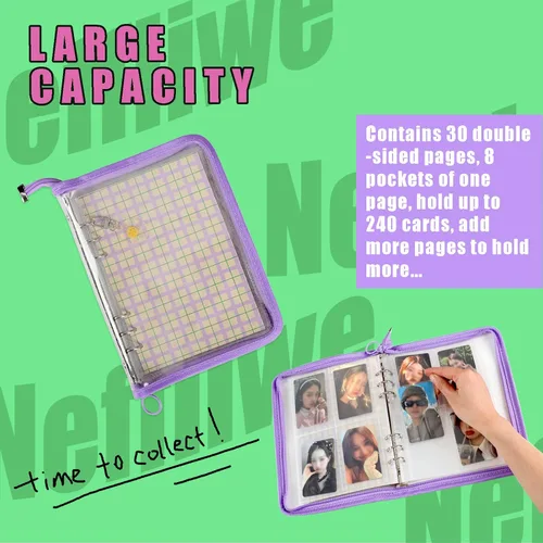 Miniatura 6 de Libro de 4 bolsillos para tarjetas fotográficas K-pop con 30 páginas interiores, 6 anillas, carpeta de tarjetas fotográficas A5, libro para Morado