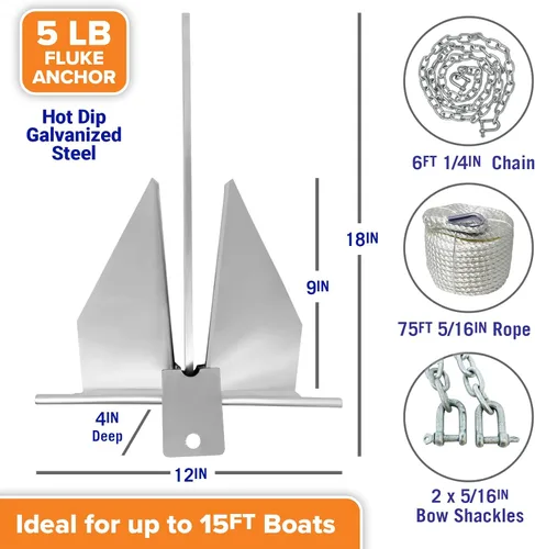Miniatura 6 de Kit de anclaje para lancha pesada Fluke Anchor con cadena de anclaje y cuerda de anclaje para lancha para incluir anclajes de barco para barcos