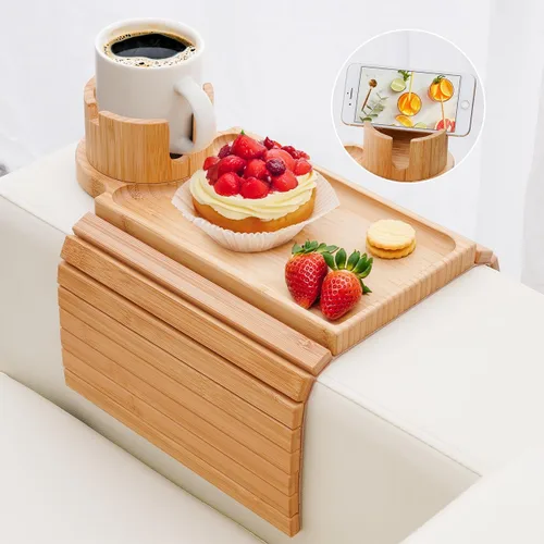 Miniatura 12 de Bandeja para portavasos de sofá, mesa de madera de acacia con soporte para teléfono, bandeja plegable grande para sofá para mesa de aperitivos