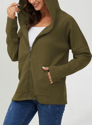 Miniatura 3 de Y YOLITEE Sudadera con capucha y cremallera de punto acanalado de manga larga para mujer