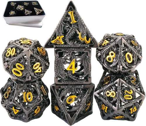 Miniatura 10 de Juego de dados de metal DND Dungeons and Dragon, juego de dados huecos poliédricos de dragón mágico de 7 piezas con caja de metal de regalo