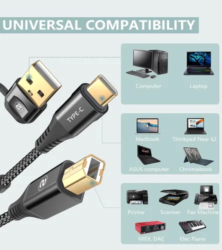 Miniatura 4 de Cable de impresora USB-A/C a USB-B 2 en 1 [paquete de 2, 6.6 pies] USB C MIDI cable trenzado de nailon de alta velocidad para MacBook Pro/Air, Negro