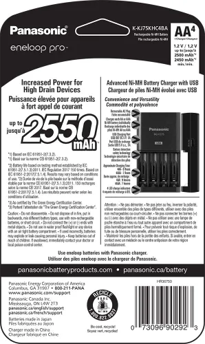 Miniatura 6 de Panasonic Eneloop Pro Ni-MH Baterías AA BK-3HCCA8BA 1.2V 8pk y cargador de batería de 4 celdas con 4 pilas AA K-KJ75KHC4BA