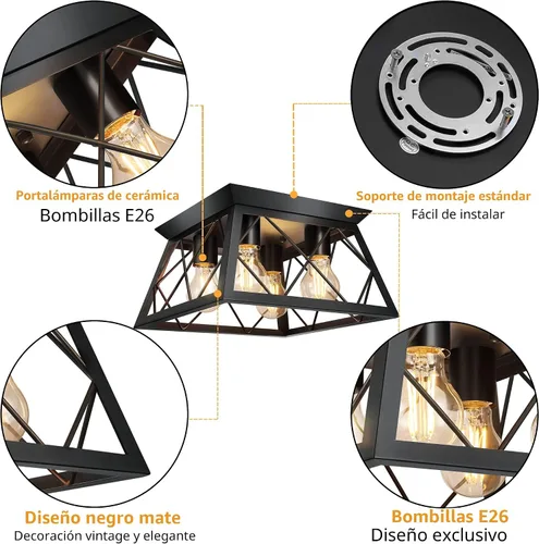 Miniatura 4 de FadimiKoo Lámpara de techo empotrada negra de 4 luces para cocina, pasillo, iluminación industrial cercana al techo, lámpara de jaula cuadrada