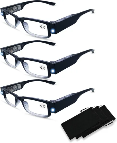 Paquete de 3 lentes de lectura con luces y lupa con luces en el marco, lupas LED brillantes para lectores con luz para hombres y mujeres, anteojos