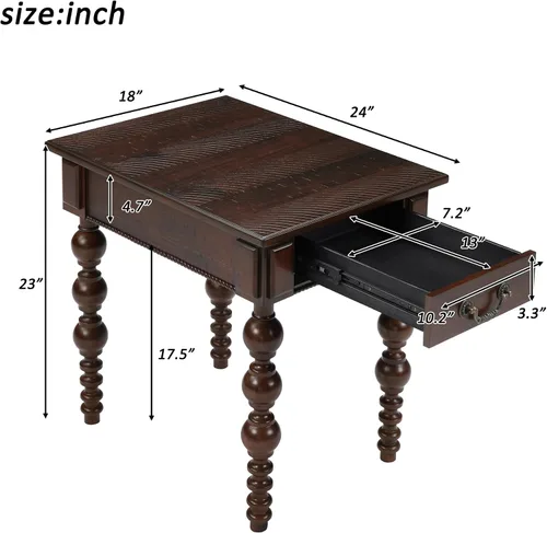 Miniatura 3 de Homora Mesa auxiliar rectangular de madera con cajón de almacenamiento, mesa de cóctel vintage con patas de madera maciza en forma de calabaza, mesa
