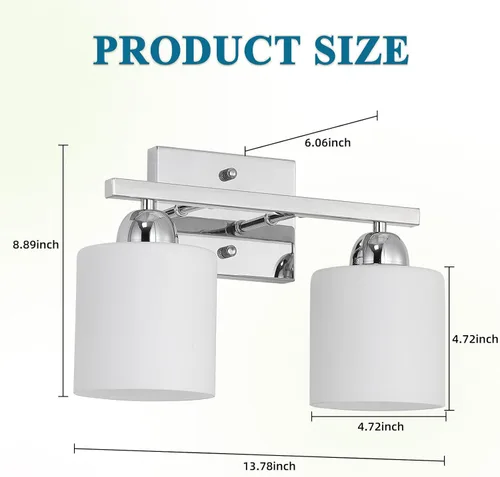 Miniatura 5 de Mecgirn Luces de tocador de vidrio de leche de acero inoxidable para baño, 2 lámparas cromadas de baño sobre espejo, enchufes E26 de cerámica Cromo