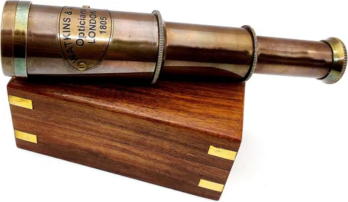 Miniatura 5 de Telescopio de cristal espía de latón náutico con caja de madera, telescopio decorativo monocular plegable pirata con óptica de vidrio para regalo