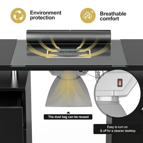 Miniatura 4 de Paddie Mesa de manicura, estación de mesa de escritorio de maquillaje de uñas con parte superior de vidrio para tecnología con ventilación Negro