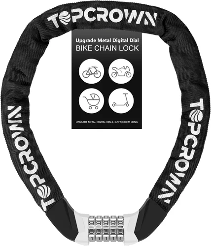 Topcrown Cerradura de cadena para bicicleta, diales digitales de metal mejorados, 3.2 pies de largo, alta seguridad, resistente, antirrobo,