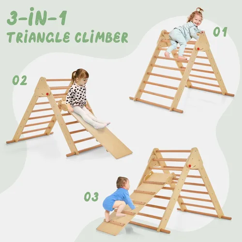 Miniatura 3 de Olakids Conjunto Triángulo Pikler 3 en 1 Juguetes de Escalada para Niños Pequeños Madera Plegable Montessori Gimnasio de Selva para Bebés con Rampa