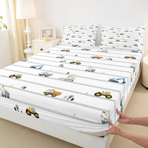 Miniatura 7 de Juego de sábanas bajeras para niños con diseño de caricaturas para niños, equipamiento para camiones, sábana de cama, excavadora, tractor, blanco