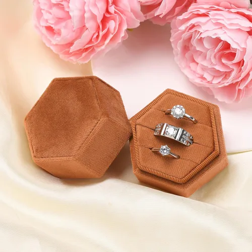 Miniatura 49 de WantGor Caja de joyería de terciopelo para anillos, caja de regalo con 3 ranuras, caja de regalo para anillos hexagonales vintage, para ceremonia