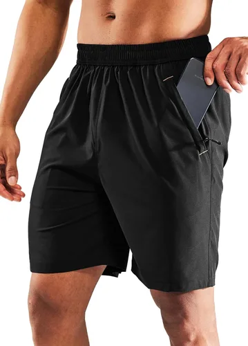 Miniatura 19 de MIER - Pantalones cortos de correr para hombre, de secado rápido, con bolsillo con cremallera, cintura elástica, pantalones cortos atléticos