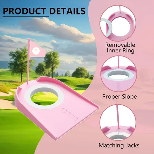 Miniatura 3 de Paquete de 9 tazas de golf con banderas, ayudas de entrenamiento de golf de plástico con recuperador de pelotas de golf, juego de agujeros de Rosado