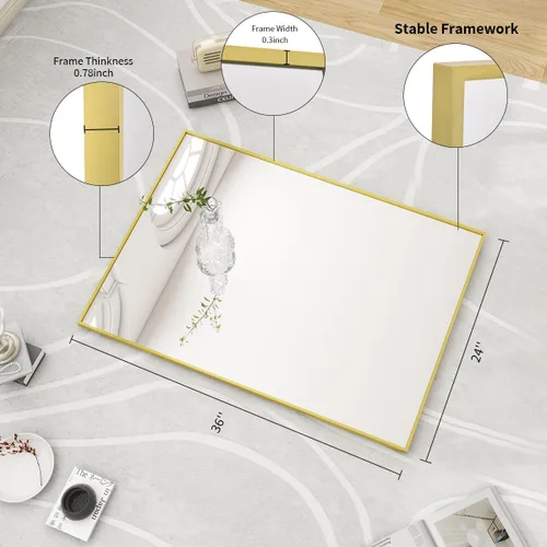 Miniatura 6 de BEAUTYPEAK Espejo de pared rectangular dorado de 24 x 36 pulgadas con marco de metal, se cuelga horizontal o vertical para sala de estar