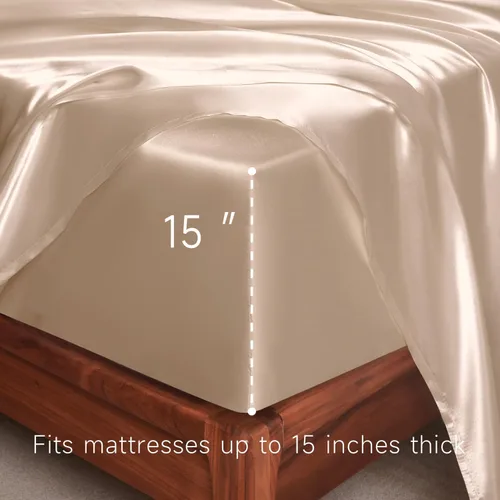 Miniatura 132 de Sábanas de satén tamaño matrimonial: 4 piezas de sábanas de lujo suaves y sedosas, juego de sábanas de seda satinada gris oscuro con 1 sábana bajera