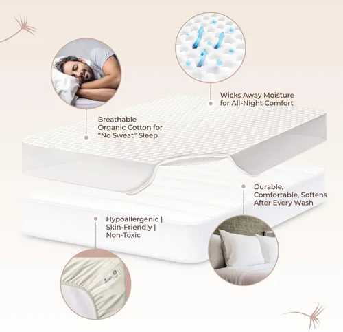 Miniatura 3 de Almohadilla de colchón 100% de algodón orgánico - Protector de colchón transpirable y refrescante de tamaño completo - Protector de colchón orgánico