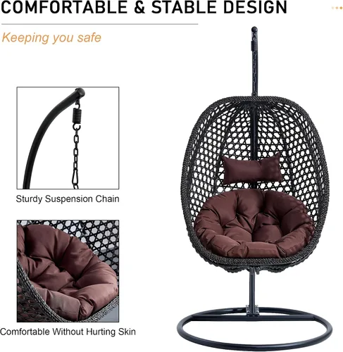 Miniatura 6 de Swining - Silla de huevo con soporte, sillas colgantes de mimbre de ratán para huevos, silla columpio para patio con cojín resistente a los rayos