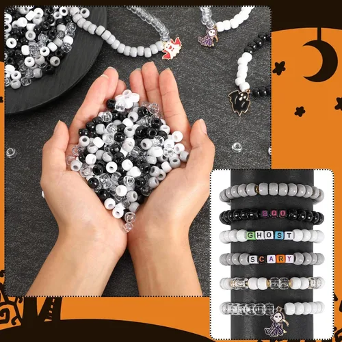 Miniatura 3 de UPINS 1200 piezas Cuentas de pony negras y blancas, cuentas de pony de Halloween a granel para manualidades de cabello cuentas de plástico Negro