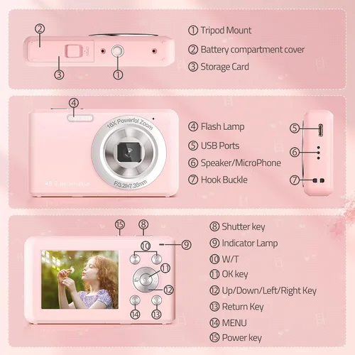 Miniatura 2 de Cámara digital, cámara compacta FHD 1080P con tarjeta de 32 GB, cámara de 48 MP LCD de 2.4 pulgadas, zoom digital 16X para niños, estudiantes