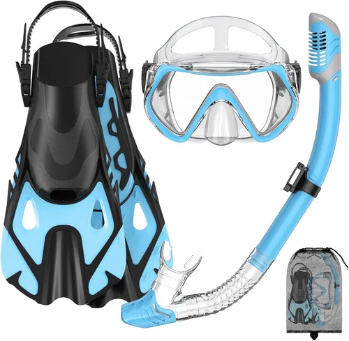 Snorkeling Gear Set for Adults – Dry Top Snorkel Set, Panoramic Anti-Fog Mask, Adjustable Swim Fins – Travel Diving Kit with Storage Bag