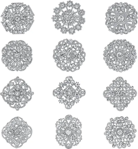 Miniatura 9 de Lote de 12 piezas de broche de flores de diamantes de imitación de cristal surtido para mujeres, kit de ramo de boda nupcial DIY Oro rosa