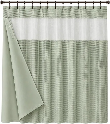 Cortina de ducha con tejido de punto gofre, con forro de tela impermeable a presión, ventana superior de malla, resistente al agua, lavable a